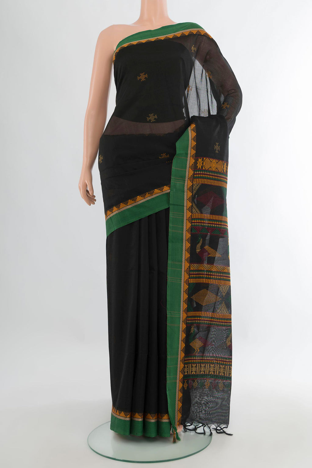 Black Silk Cotton Saree with Thread Butta on the body and Plain Border.  displayed on a mannequin