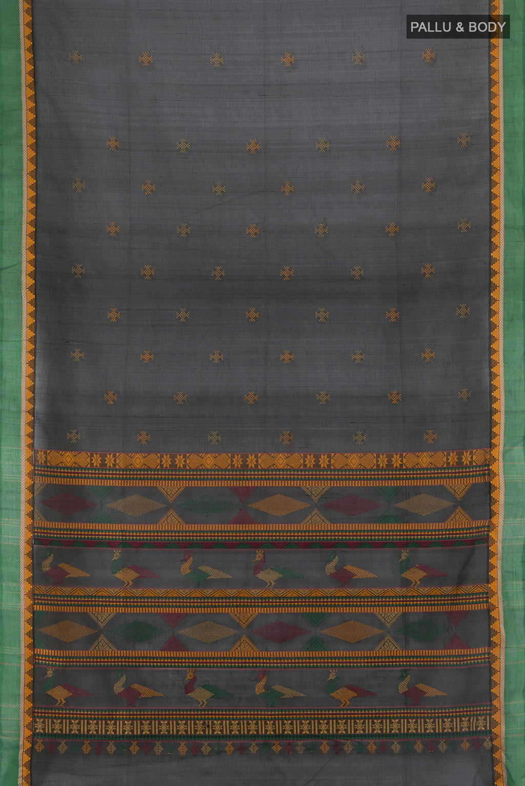Flat view of Black Silk Cotton Saree with Thread Butta on the body and Plain Border. 