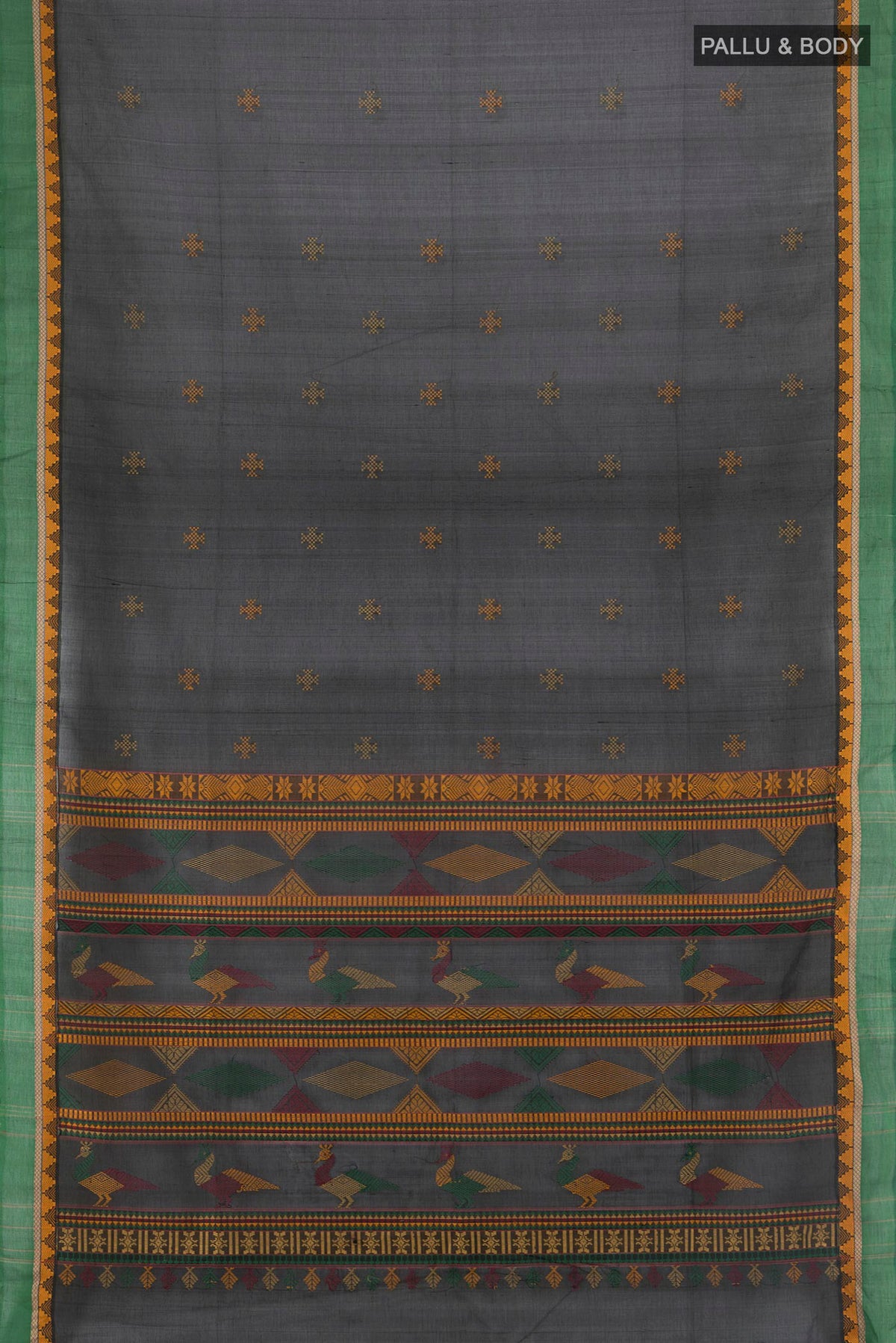 Flat view of Black Silk Cotton Saree with Thread Butta on the body and Plain Border. 