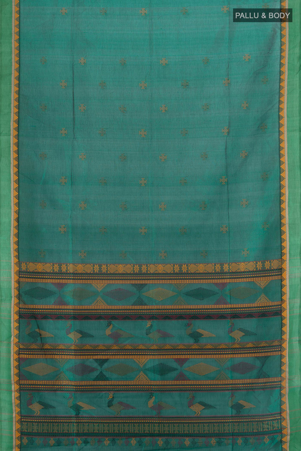Flat view of Green Silk Cotton Saree with Thread Butta on the body and Thread Border. 