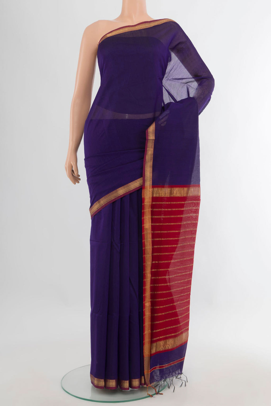 Navy Blue Maheshwari Cotton Saree with Plain Body and Zari Border.  displayed on a mannequin