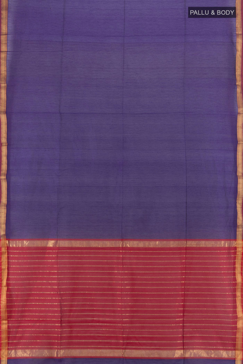 Flat view of Navy Blue Maheshwari Cotton Saree with Plain Body and Zari Border. 