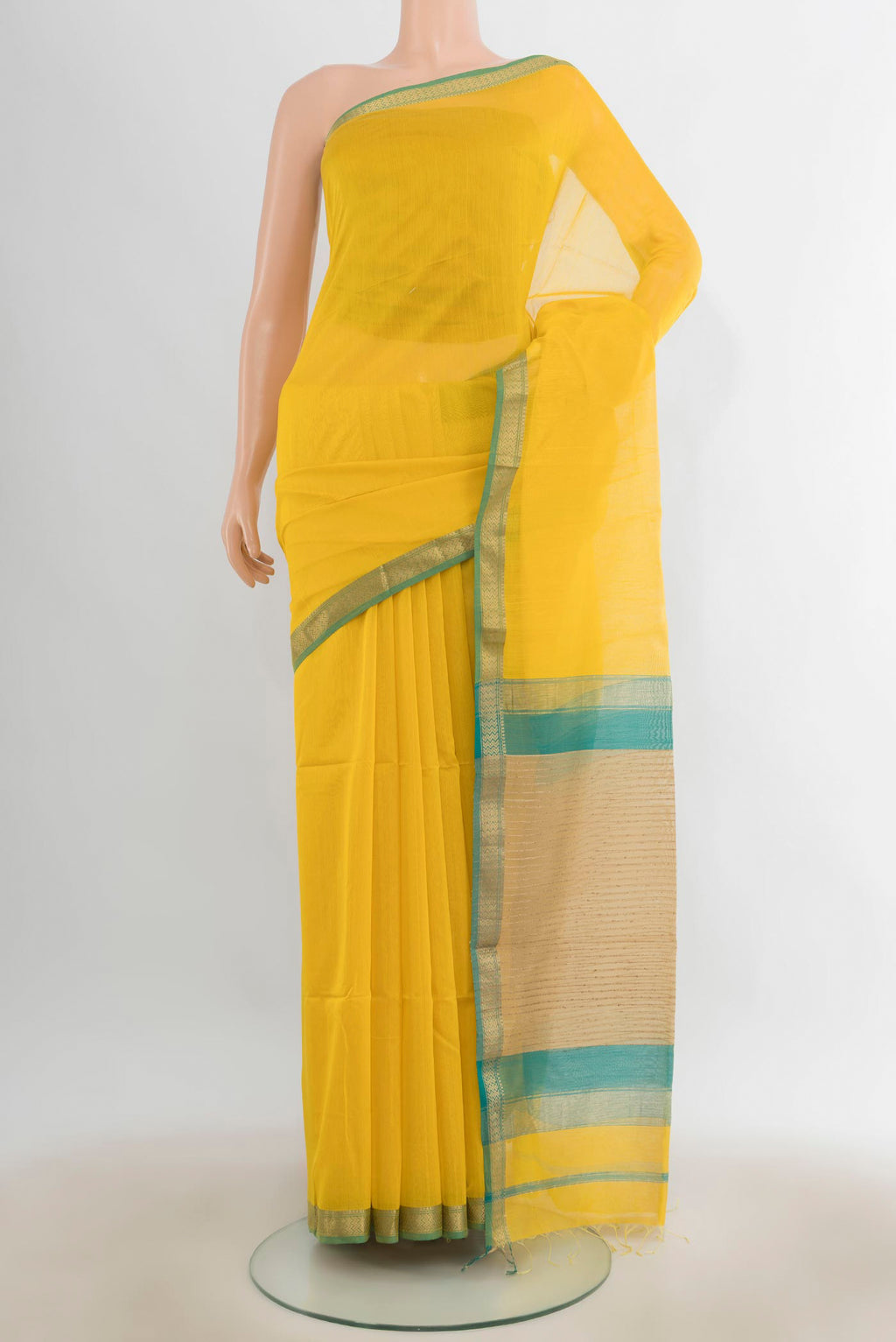 Yellow Maheshwari Cotton Saree with Plain Body and Zari Border.  displayed on a mannequin