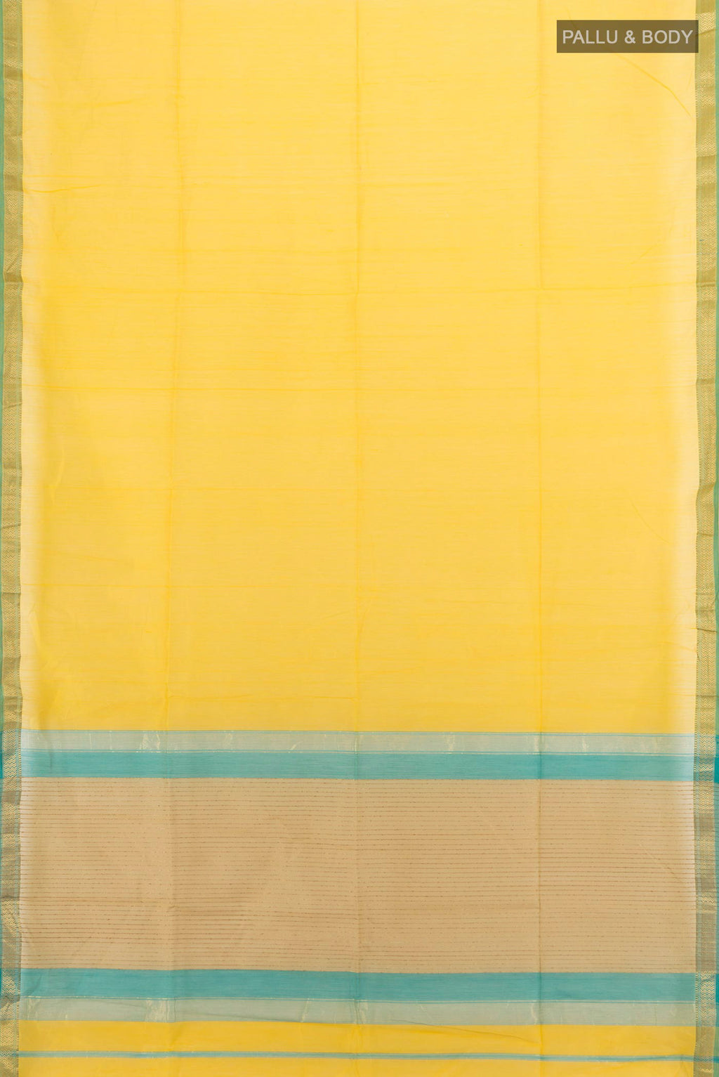 Flat view of Yellow Maheshwari Cotton Saree with Plain Body and Zari Border. 