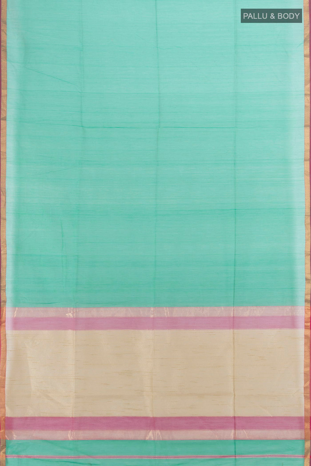 Flat view of Sea Green Maheshwari Cotton Saree with Plain Body and Zari Border. 