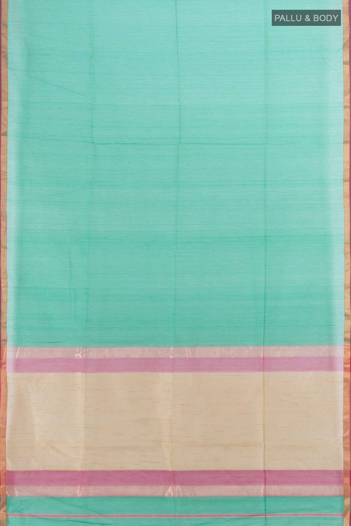 Flat view of Sea Green Maheshwari Cotton Saree with Plain Body and Zari Border. 