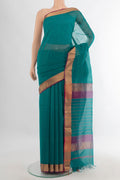 Teal Maheshwari Cotton Saree with Plain Body and Zari Border.  displayed on a mannequin