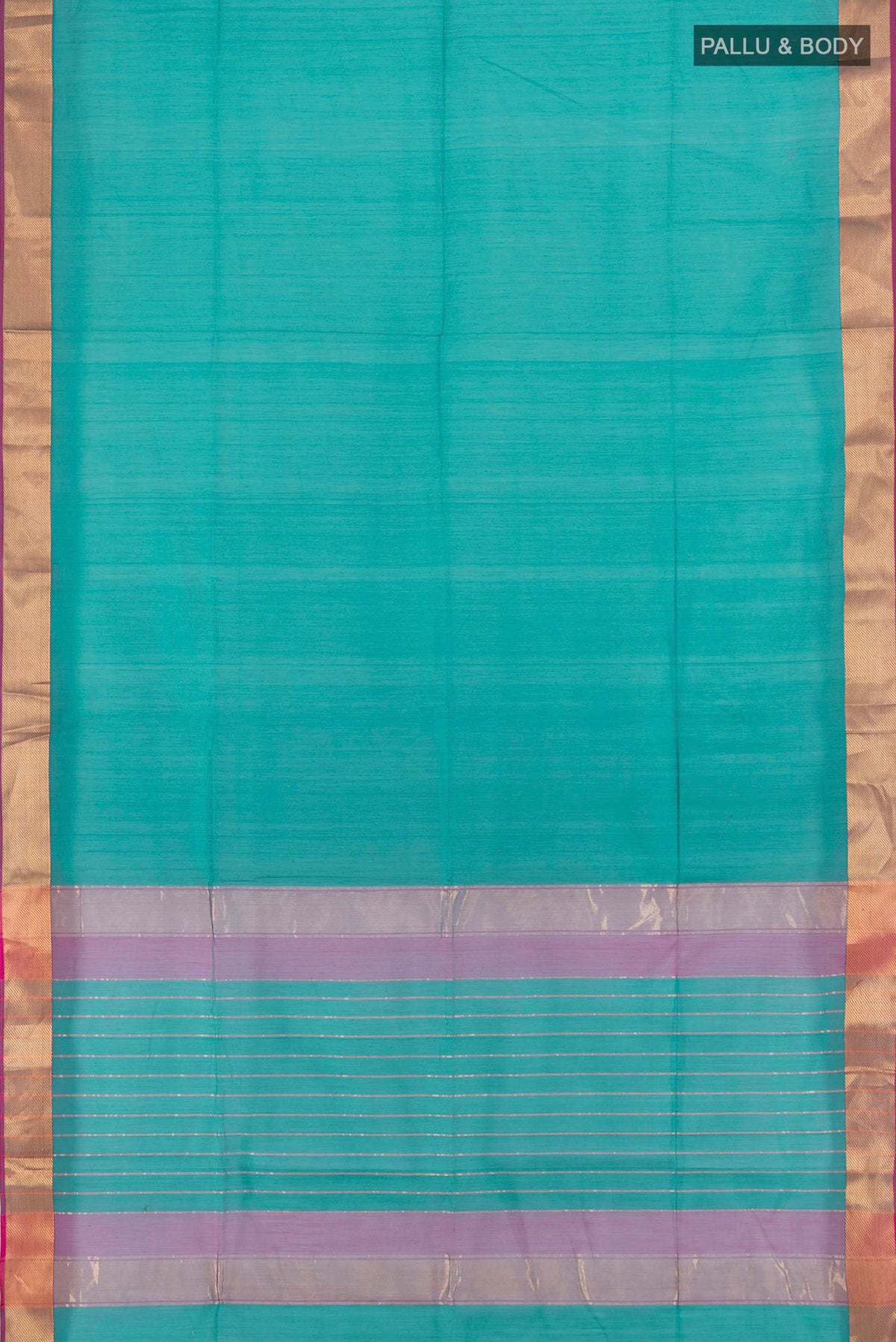 Flat view of Teal Maheshwari Cotton Saree with Plain Body and Zari Border. 