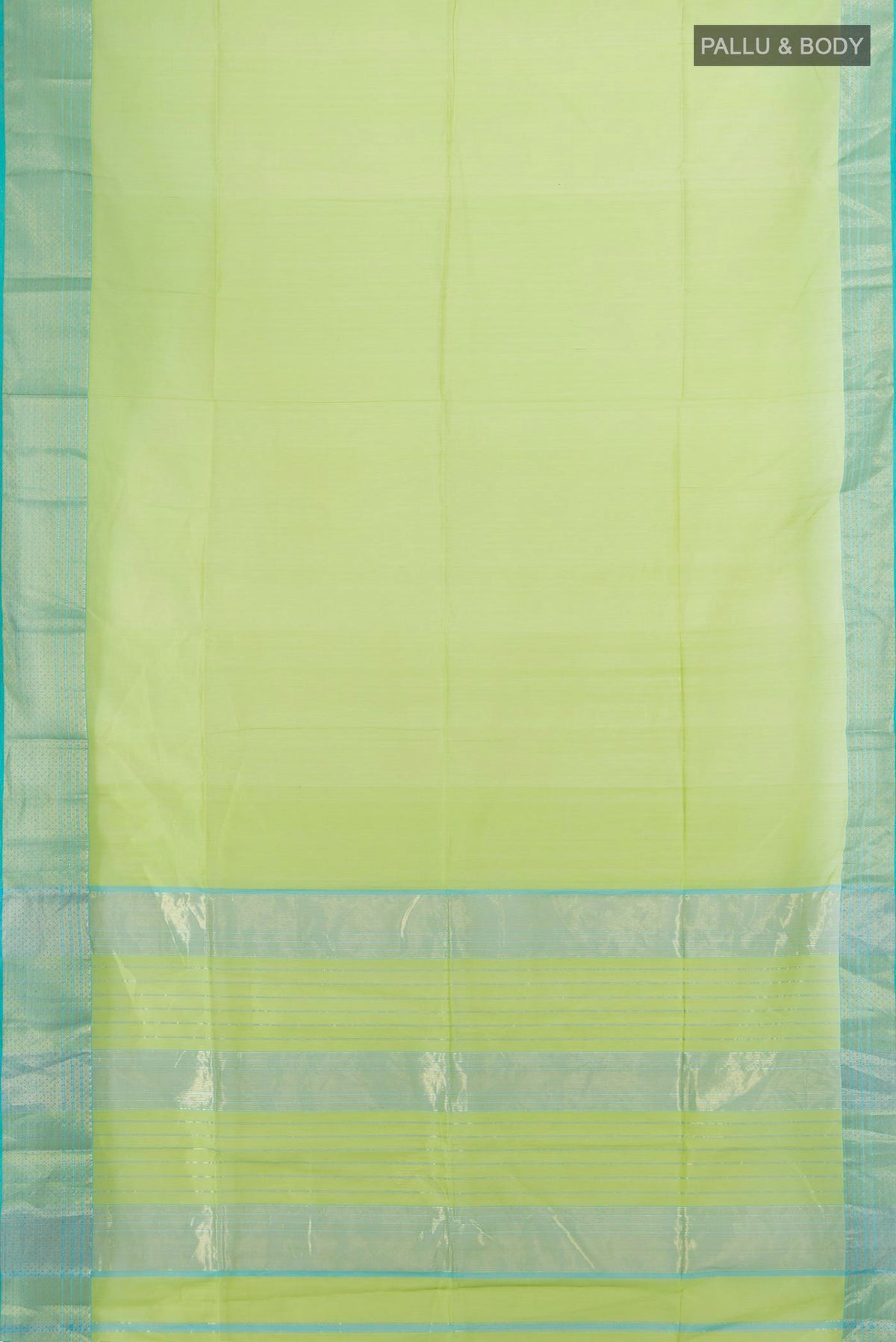 Flat view of Light Green Maheshwari Cotton Saree with Plain Body and Zari Border. 