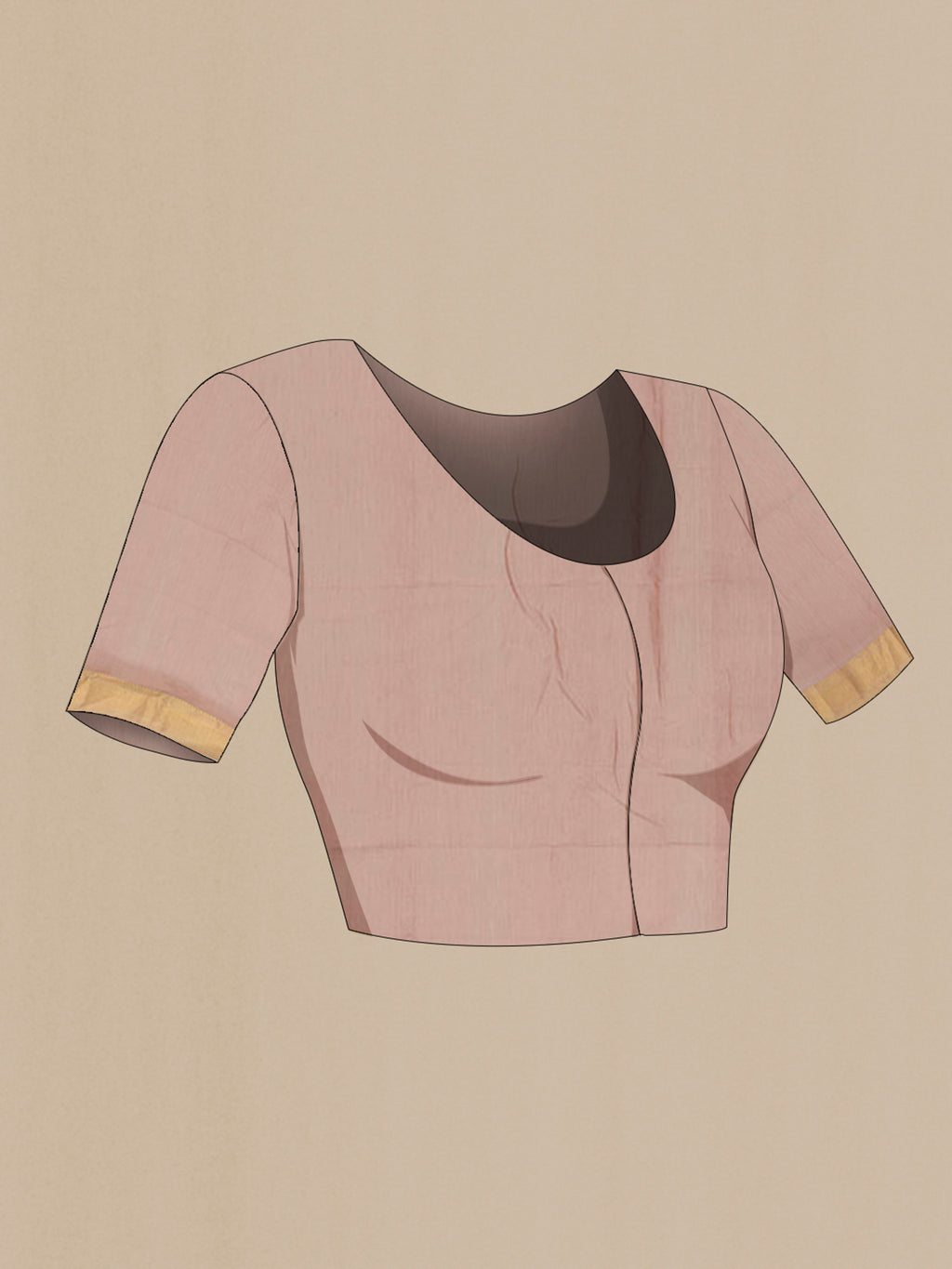 Close up image of the blouse of Sandal Maheshwari Cotton Saree with Stripes on the body and Zari Border. 