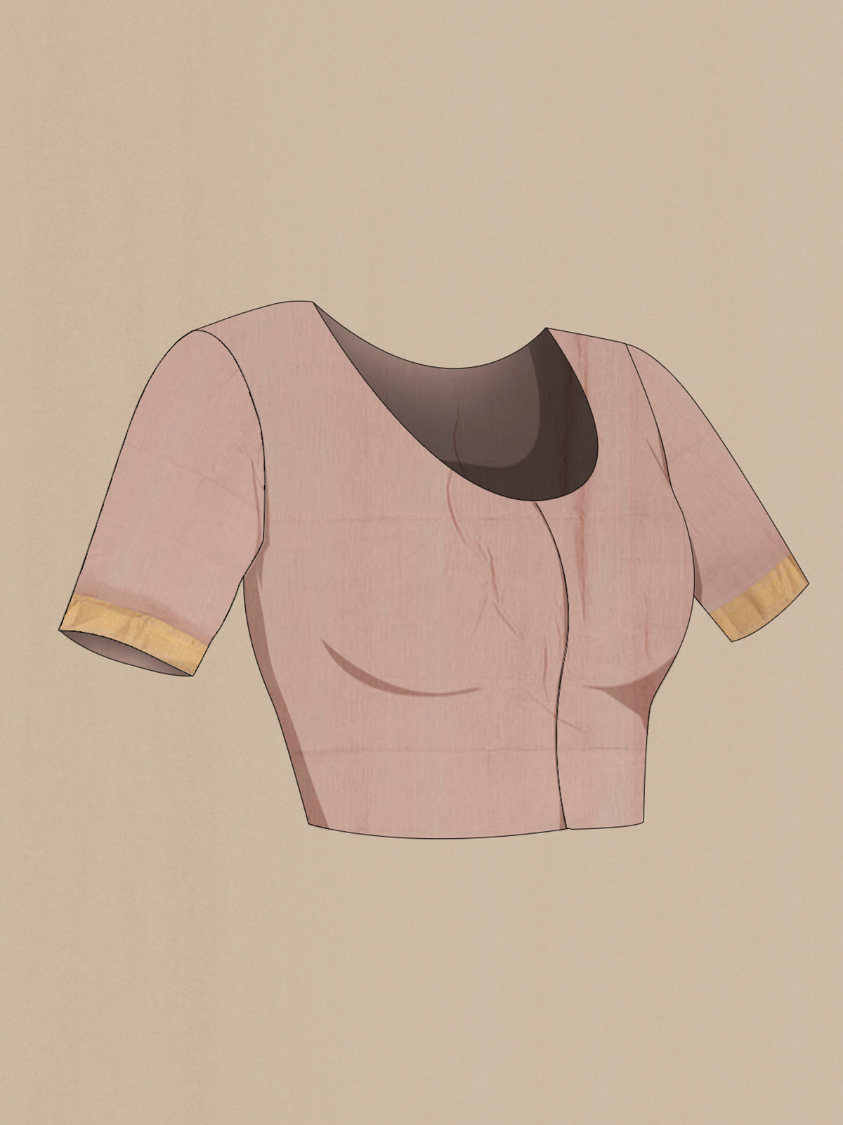 Close up image of the blouse of Sandal Maheshwari Cotton Saree with Stripes on the body and Zari Border. 
