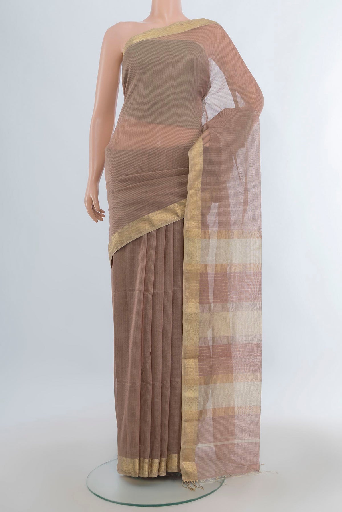 Sandal Maheshwari Cotton Saree with Stripes on the body and Zari Border.  displayed on a mannequin
