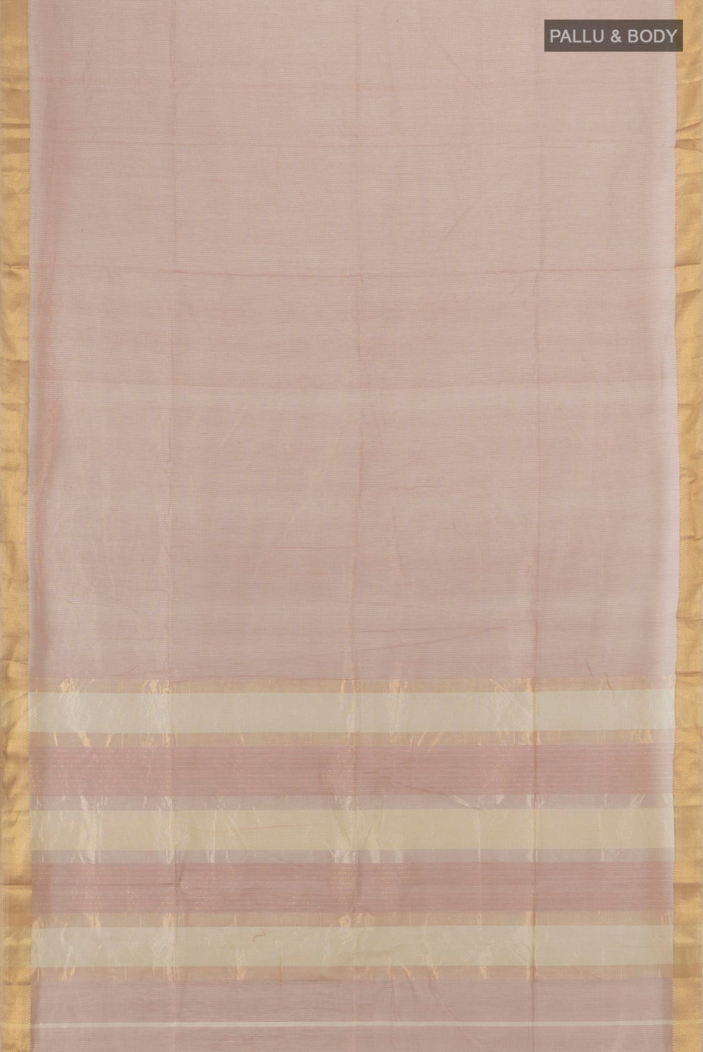 Flat view of Sandal Maheshwari Cotton Saree with Stripes on the body and Zari Border. 