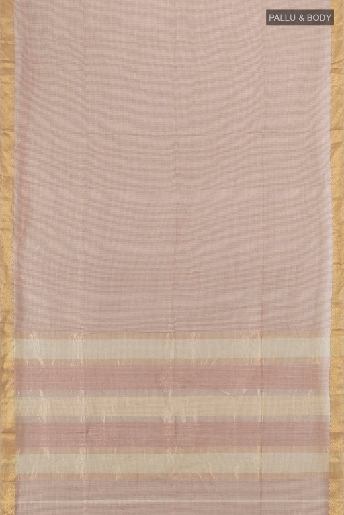 Flat view of Sandal Maheshwari Cotton Saree with Stripes on the body and Zari Border. 
