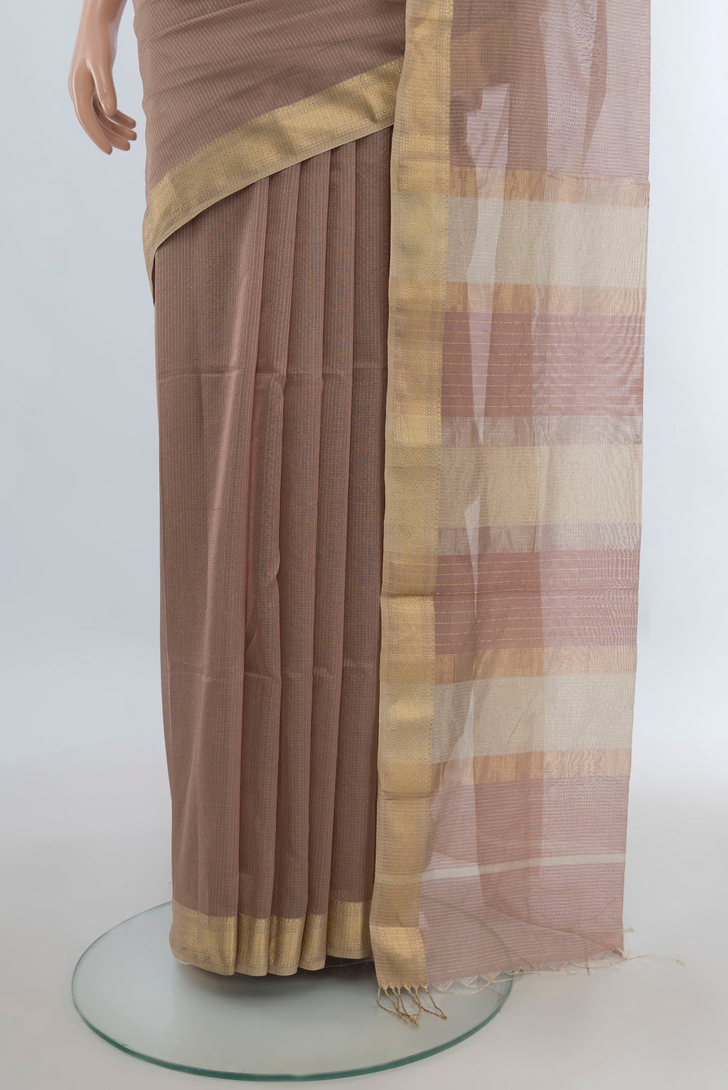 Pleats and pallu of Sandal Maheshwari Cotton Saree with Stripes on the body and Zari Border. 