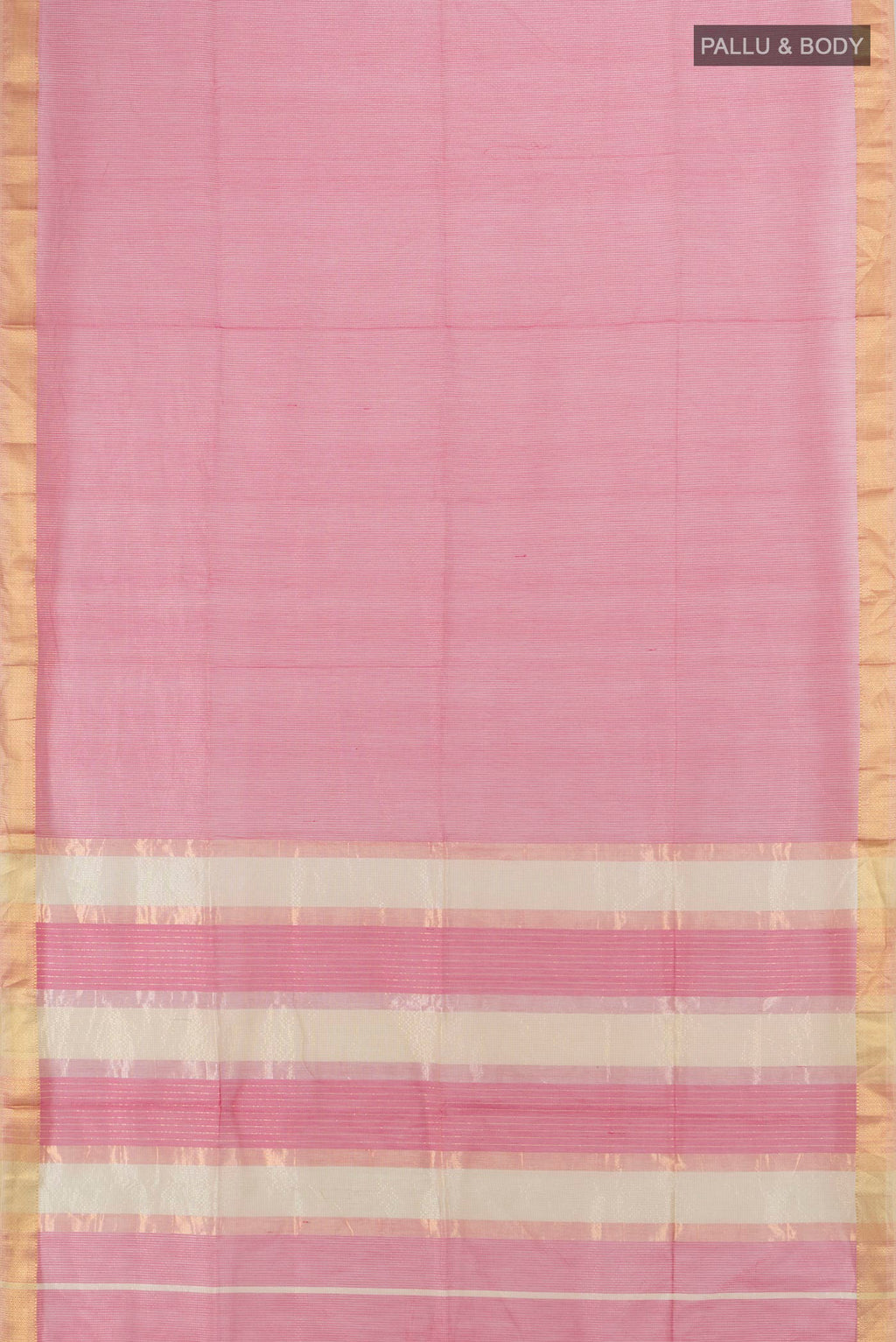 Flat view of Coral Maheshwari Cotton Saree with Checked design on the body and Zari Border. 