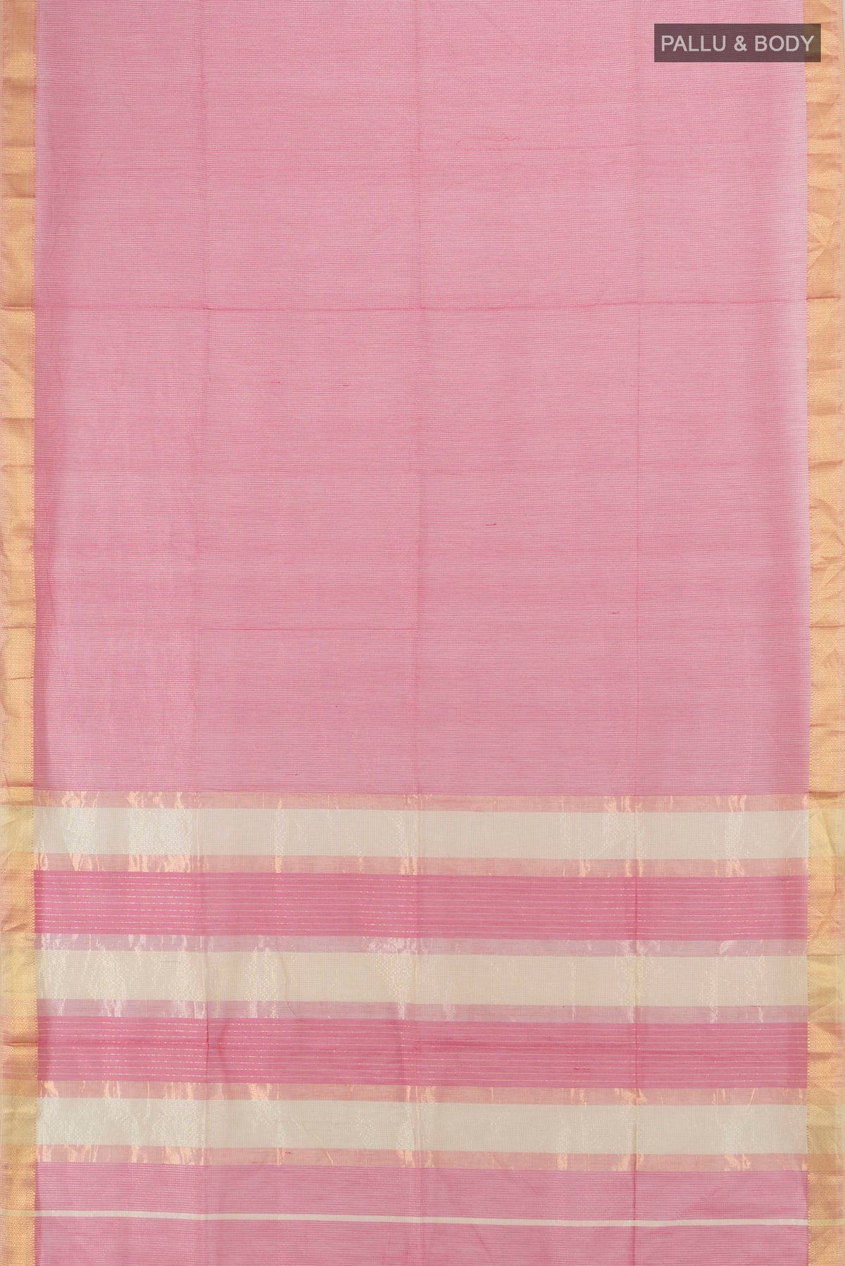 Flat view of Coral Maheshwari Cotton Saree with Checked design on the body and Zari Border. 