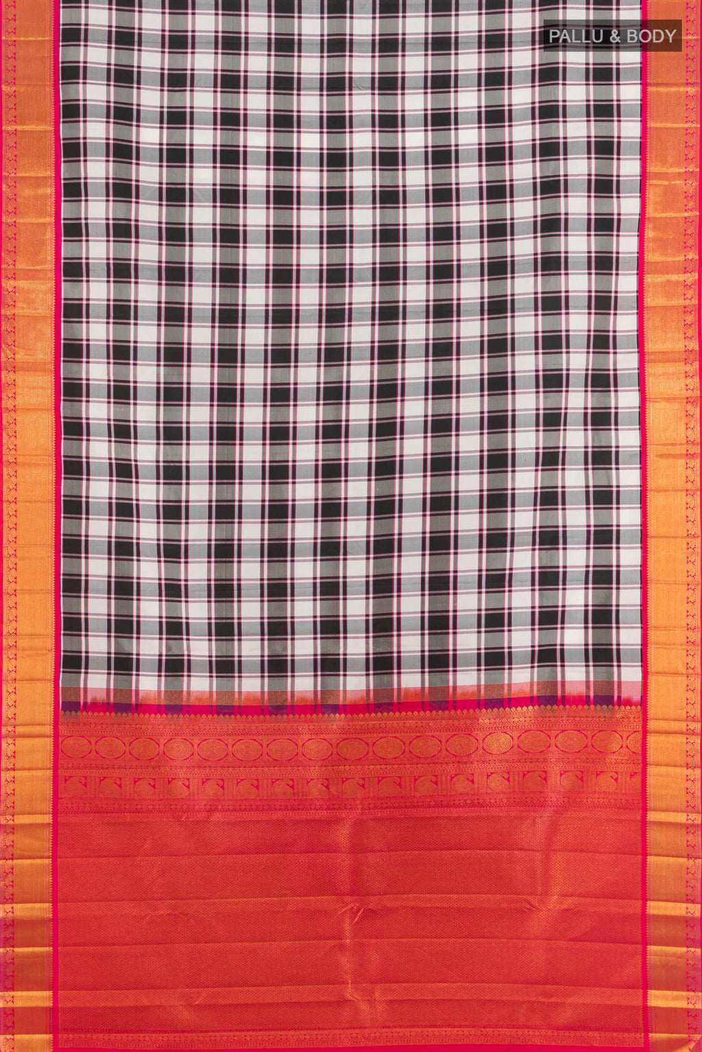 Flat view of Pure Silk Multi Color Kanchipuram Saree with Checked design on the body and Zari Border. 