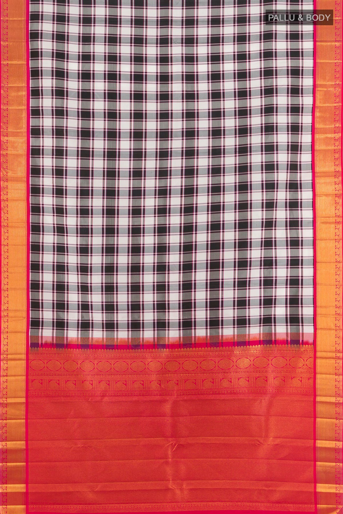 Flat view of Pure Silk Multi Color Kanchipuram Saree with Checked design on the body and Zari Border. 