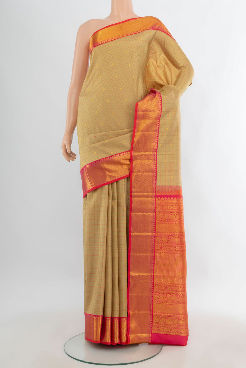 Pure Silk Sandal Kanjivaram Saree with Checked design on the body and Zari Border.  displayed on a mannequin