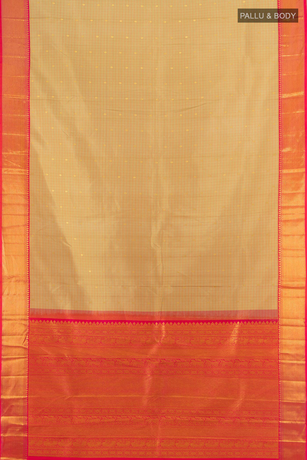 Flat view of Pure Silk Sandal Kanjivaram Saree with Checked design on the body and Zari Border. 