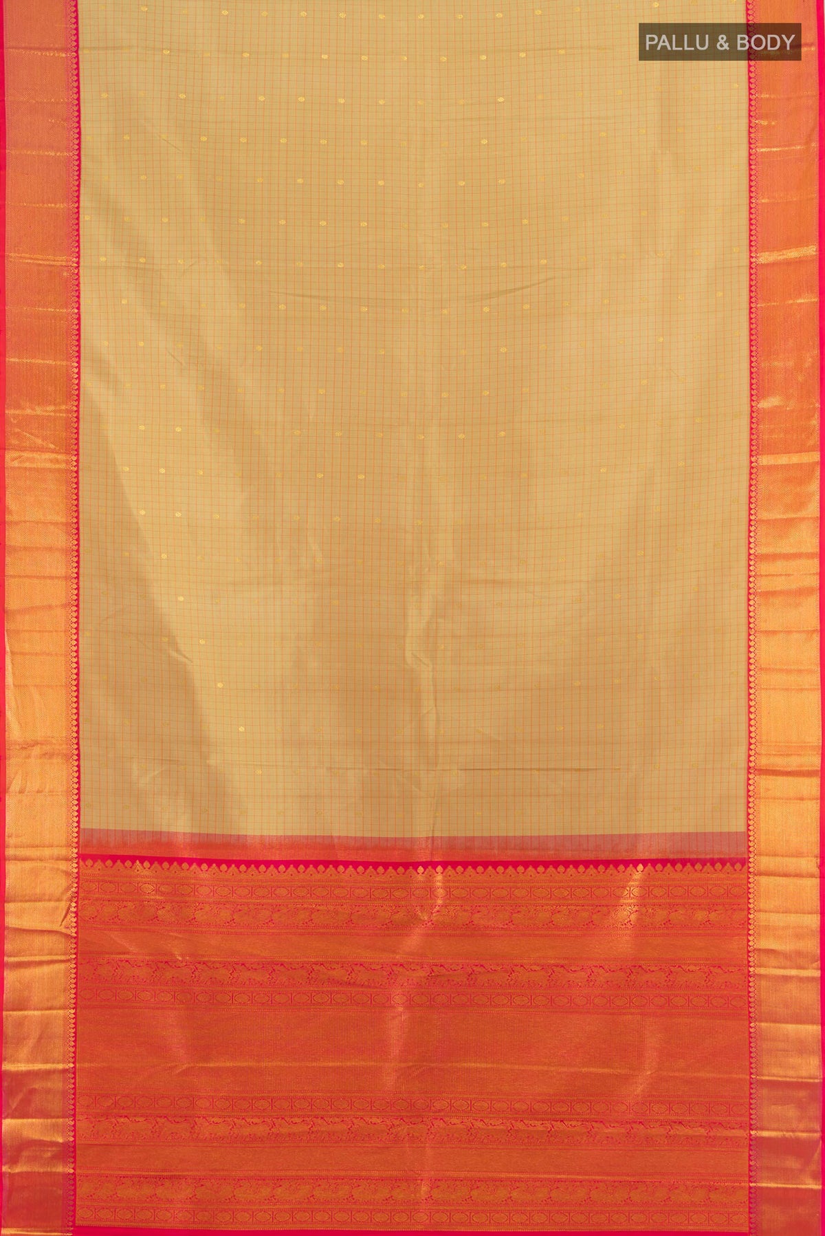 Flat view of Pure Silk Sandal Kanjivaram Saree with Checked design on the body and Zari Border. 
