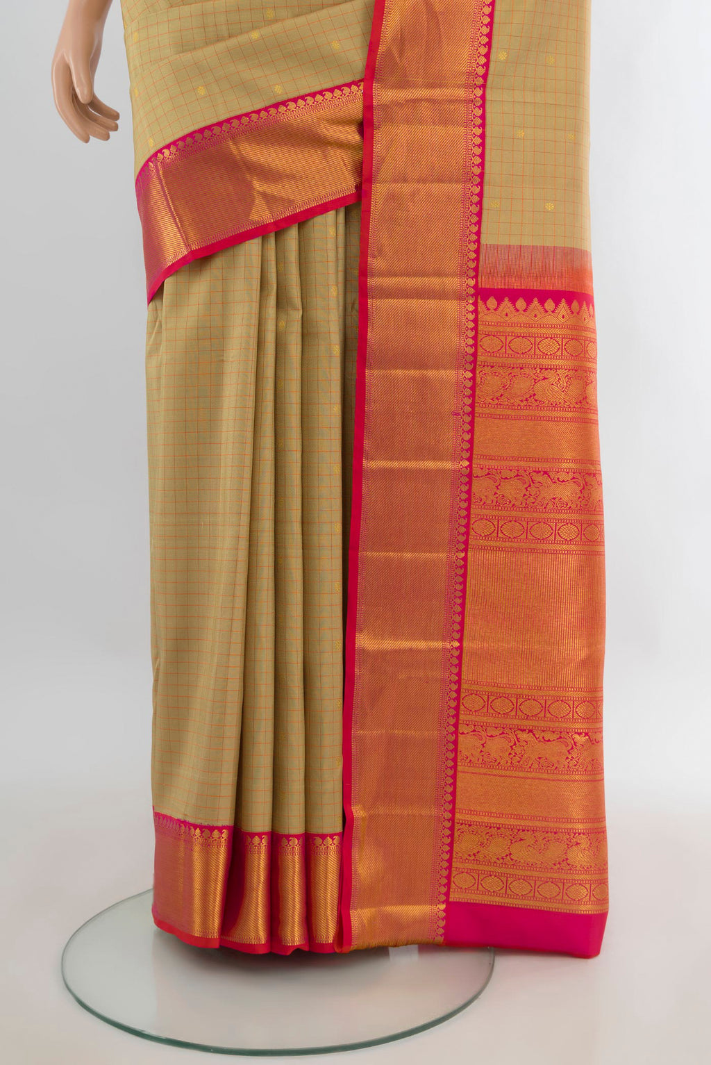 Pleats and pallu of Pure Silk Sandal Kanjivaram Saree with Checked design on the body and Zari Border. 
