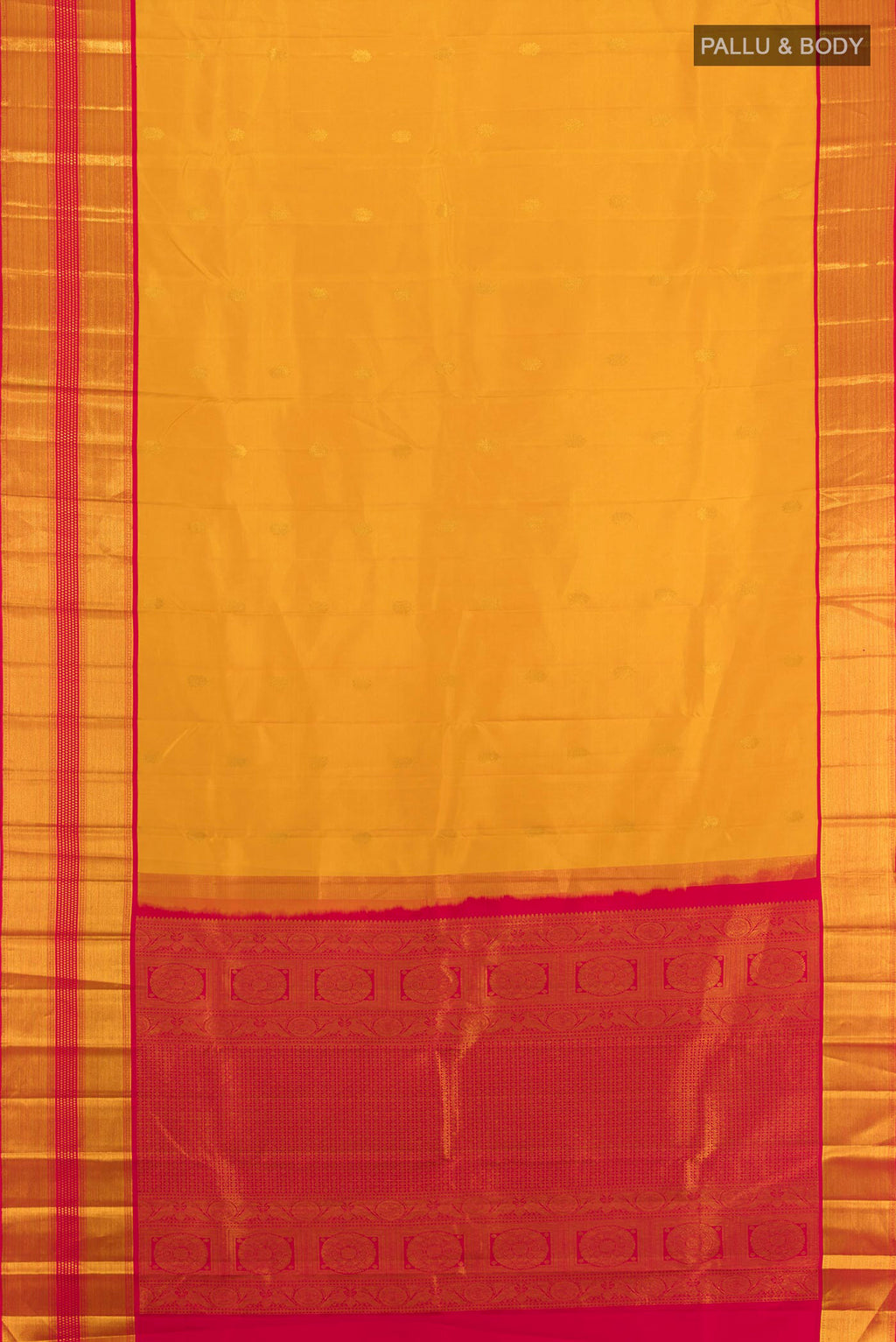 Flat view of Pure Silk Mustard Kanjivaram Saree with Zari Butta on the body and Zari Border. 