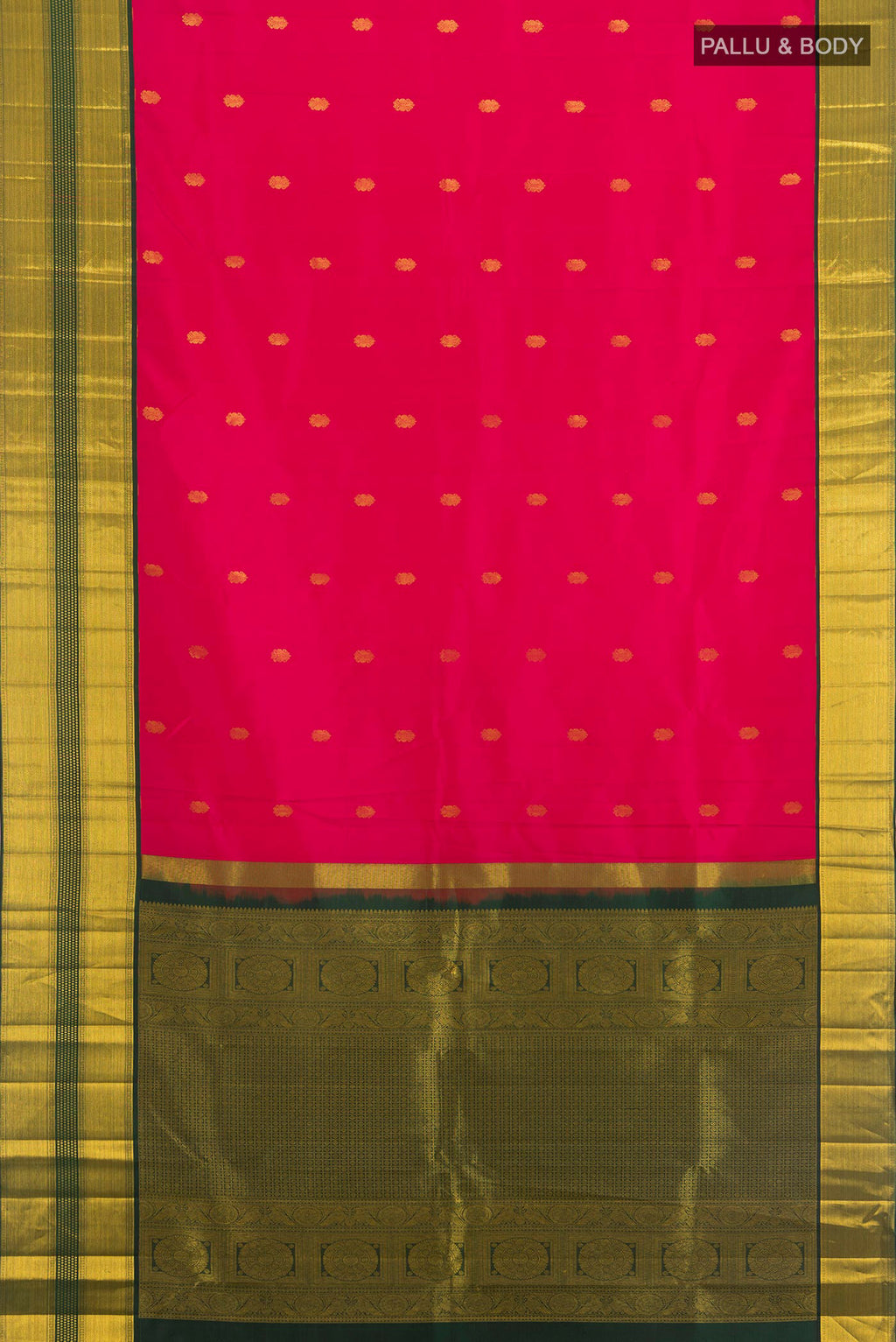 Flat view of Pure Silk Dark Pink Kanjivaram Saree with Zari Butta on the body and Zari Border. 