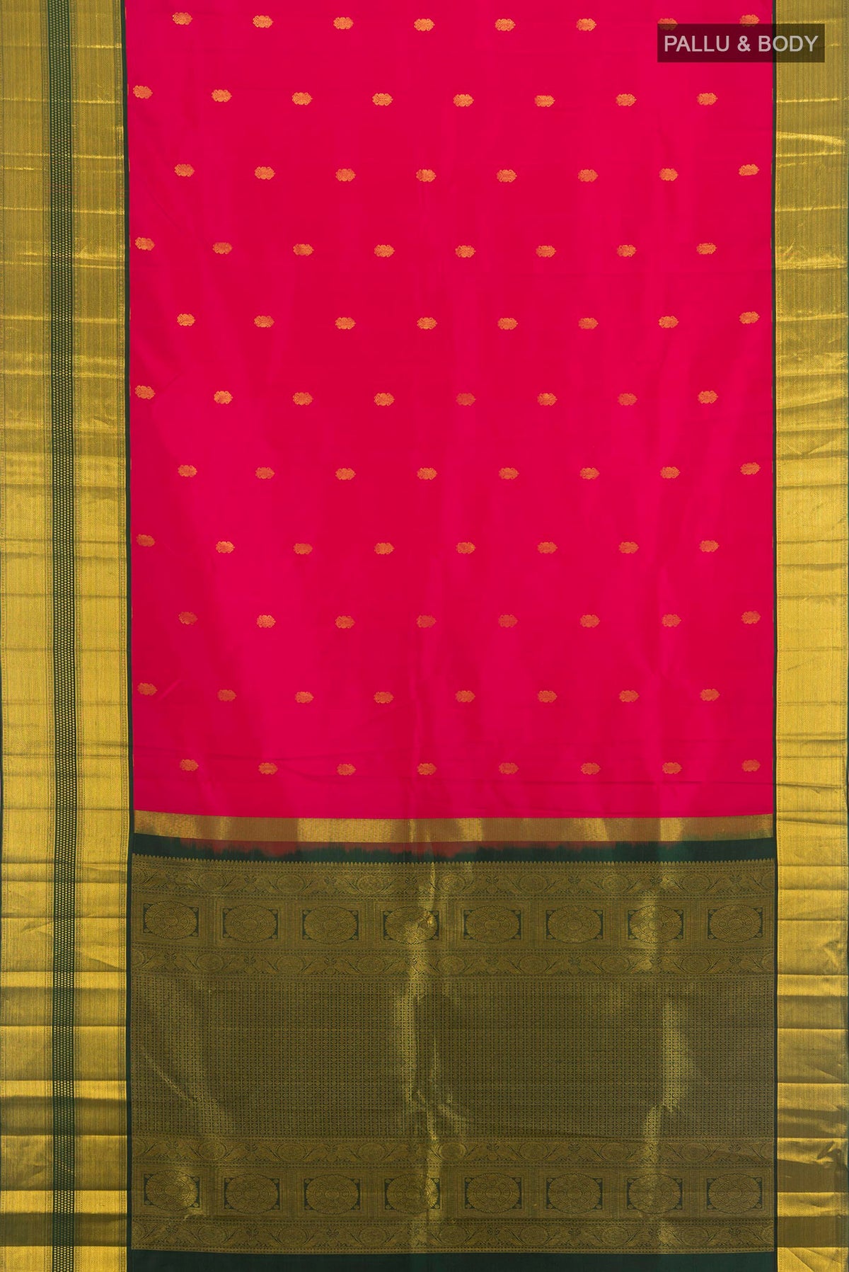 Flat view of Pure Silk Dark Pink Kanjivaram Saree with Zari Butta on the body and Zari Border. 