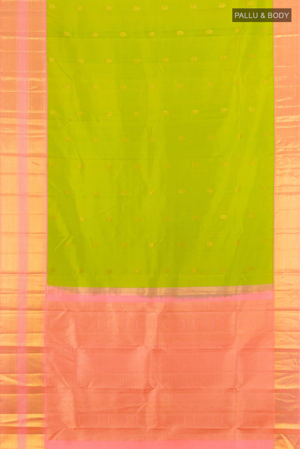 Flat view of Pure Silk Parrot Green Kanjivaram Saree with Zari Butta on the body and Zari Border. 
