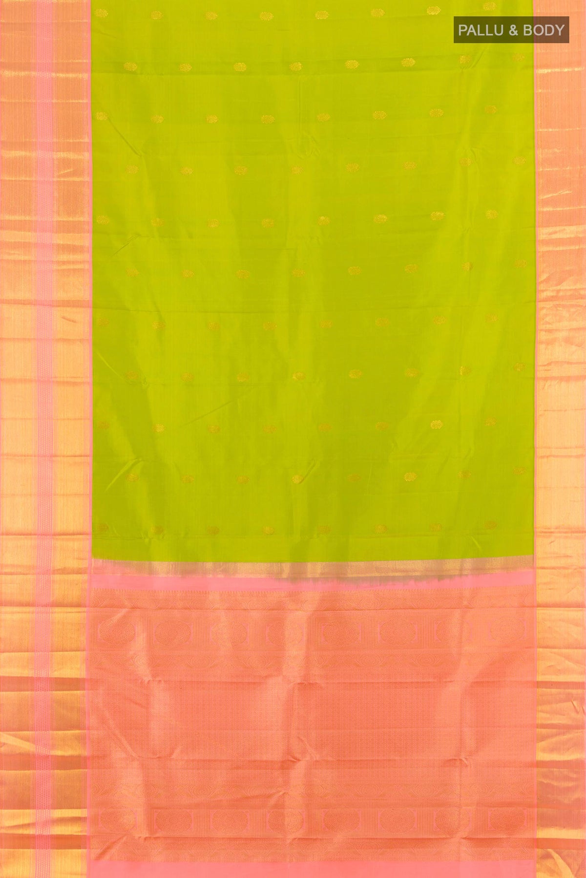 Flat view of Pure Silk Parrot Green Kanjivaram Saree with Zari Butta on the body and Zari Border. 