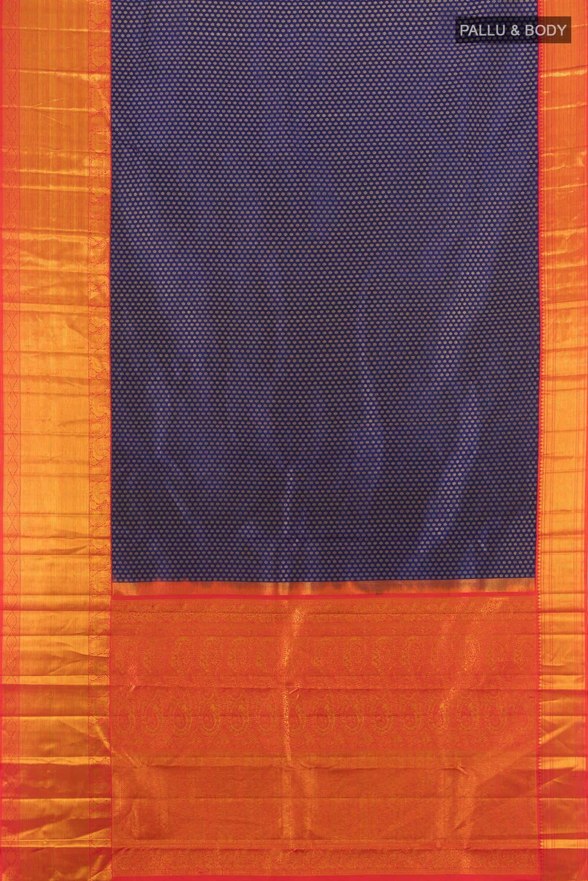Flat view of Pure Silk Navy Blue Kanjivaram Saree with Zari Butta on the body and Zari Border. 