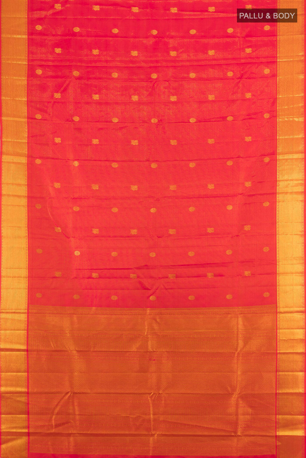 Flat view of Pure Silk Orange Kanjivaram Saree with Zari Butta on the body and Zari Border. 