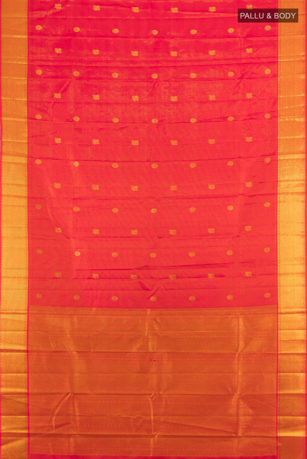 Flat view of Pure Silk Orange Kanjivaram Saree with Zari Butta on the body and Zari Border. 
