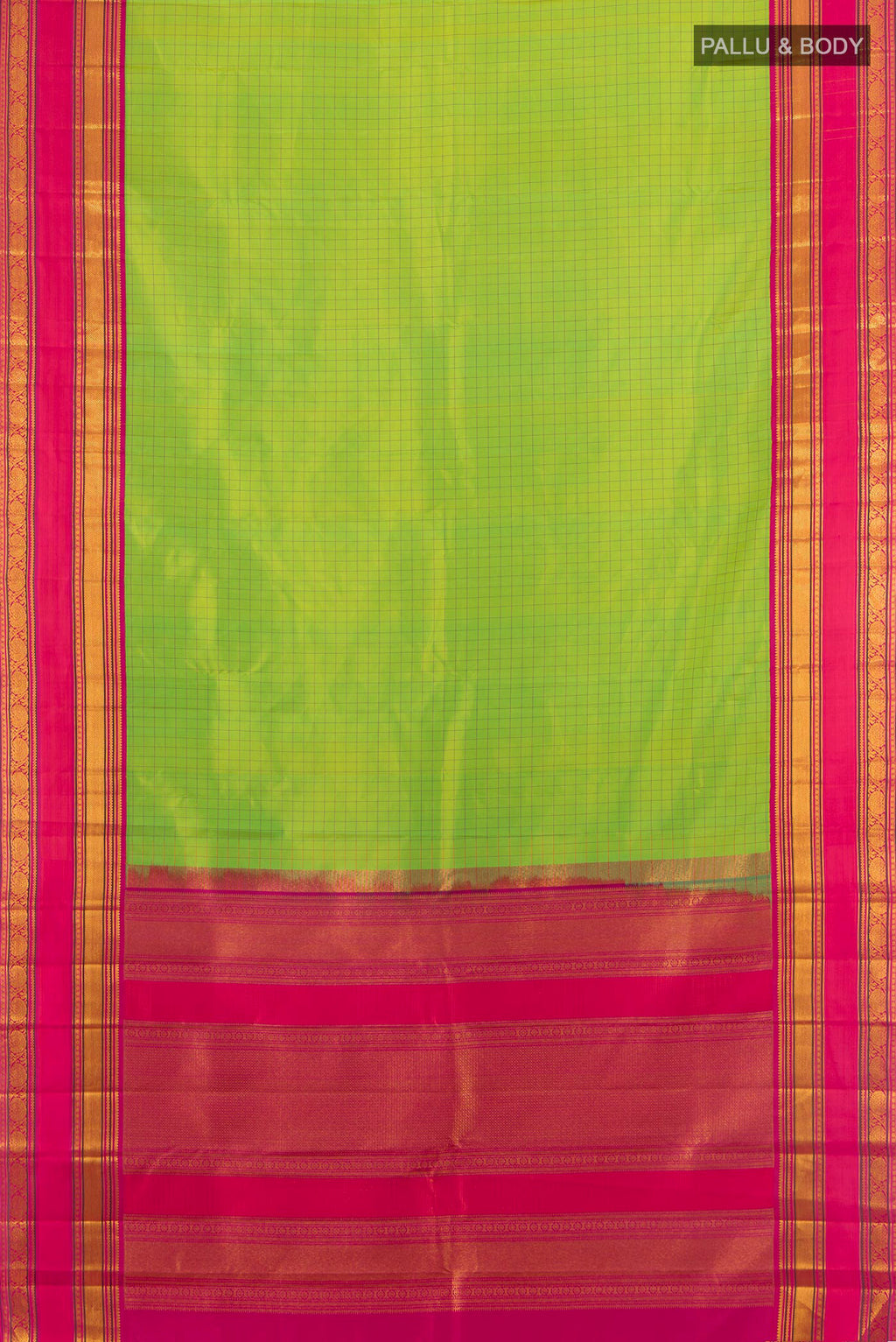 Flat view of Pure Silk Parrot Green Kanchipuram Saree with Checked design on the body and Zari Border. 