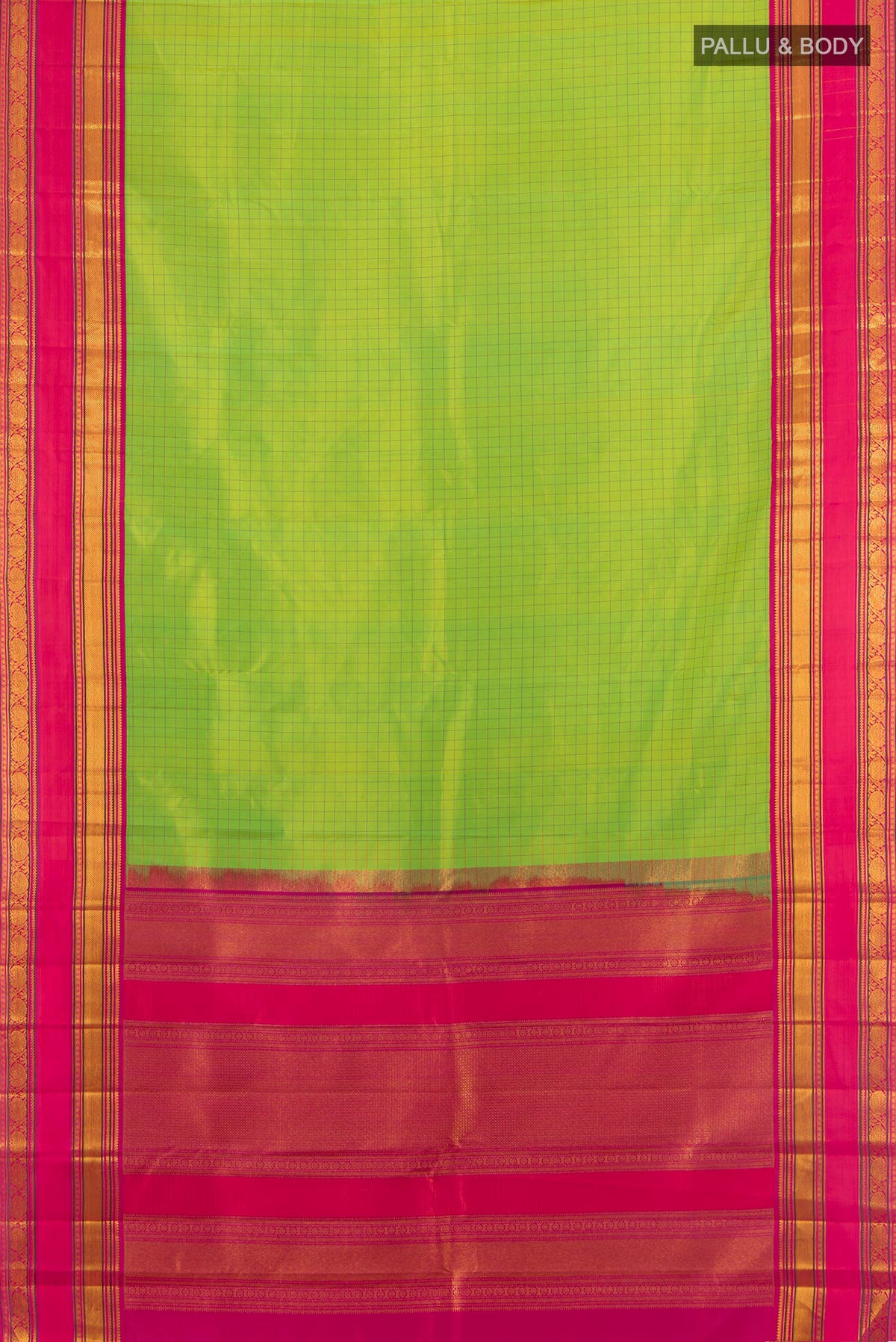 Flat view of Pure Silk Parrot Green Kanchipuram Saree with Checked design on the body and Zari Border. 