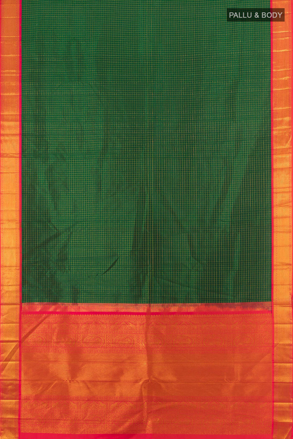 Flat view of Pure Silk Bottle Green Kanchipuram Saree with Checked design on the body and Zari Border. 