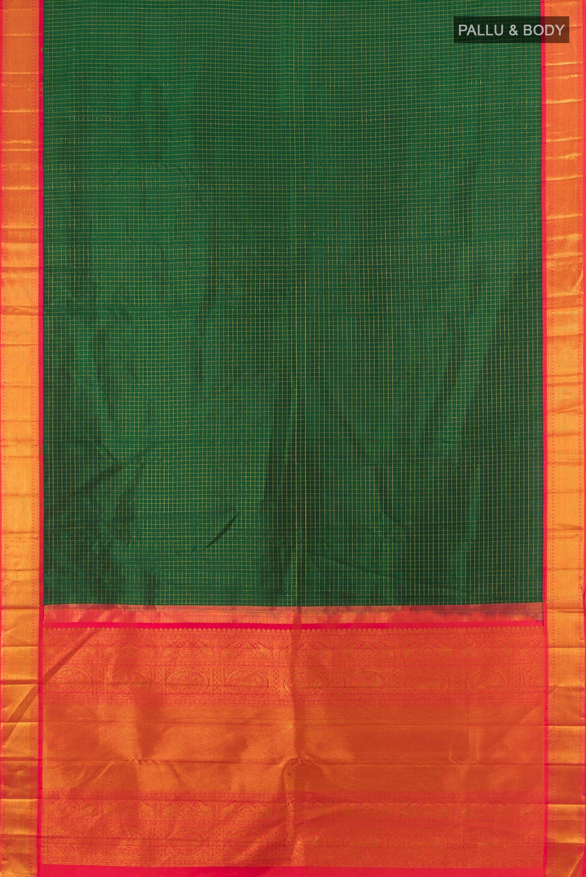 Flat view of Pure Silk Bottle Green Kanchipuram Saree with Checked design on the body and Zari Border. 