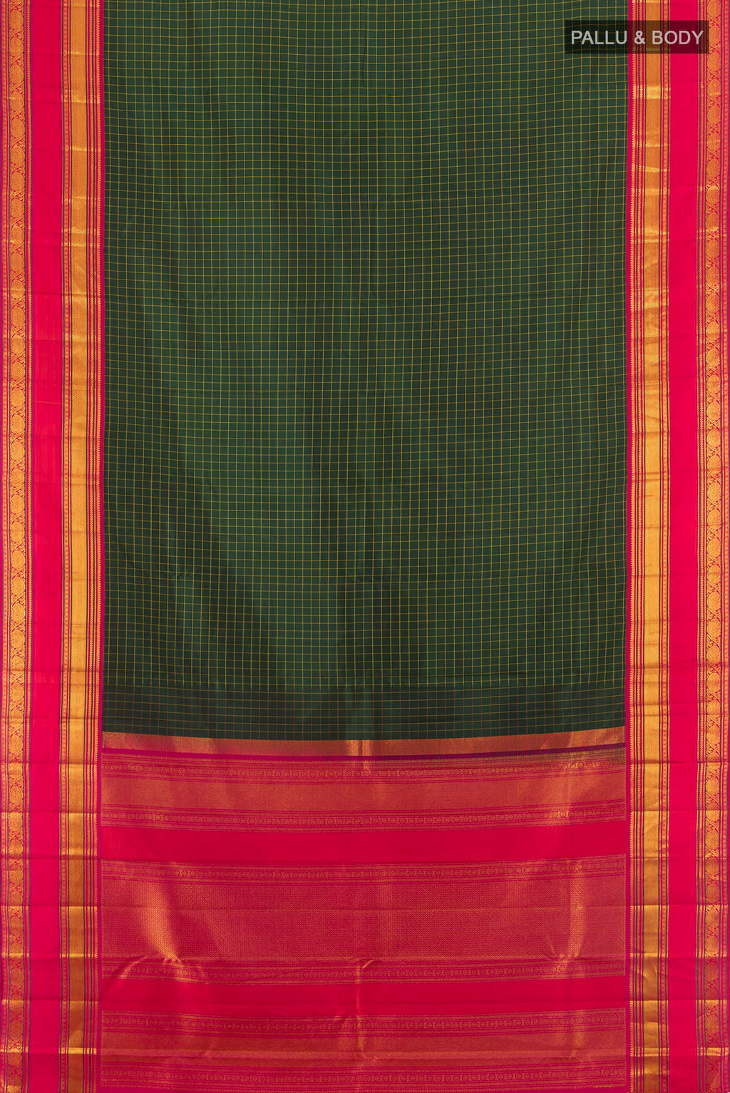 Flat view of Pure Silk Bottle Green Kanchipuram Saree with Checked design on the body and Zari Border. 