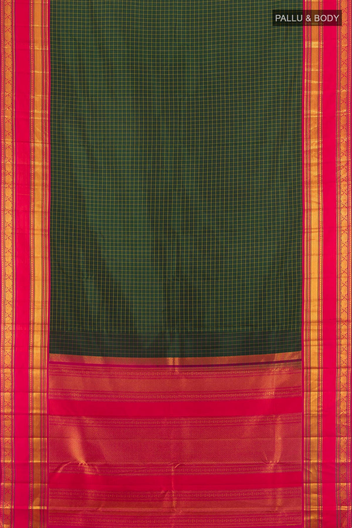 Flat view of Pure Silk Bottle Green Kanchipuram Saree with Checked design on the body and Zari Border. 