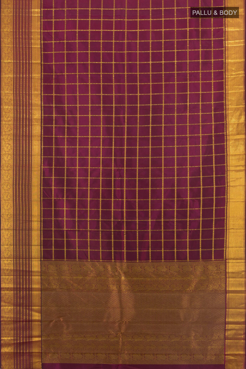 Flat view of Pure Silk Coffee Brown Kanchipuram Saree with Checked design on the body and Zari Border. 