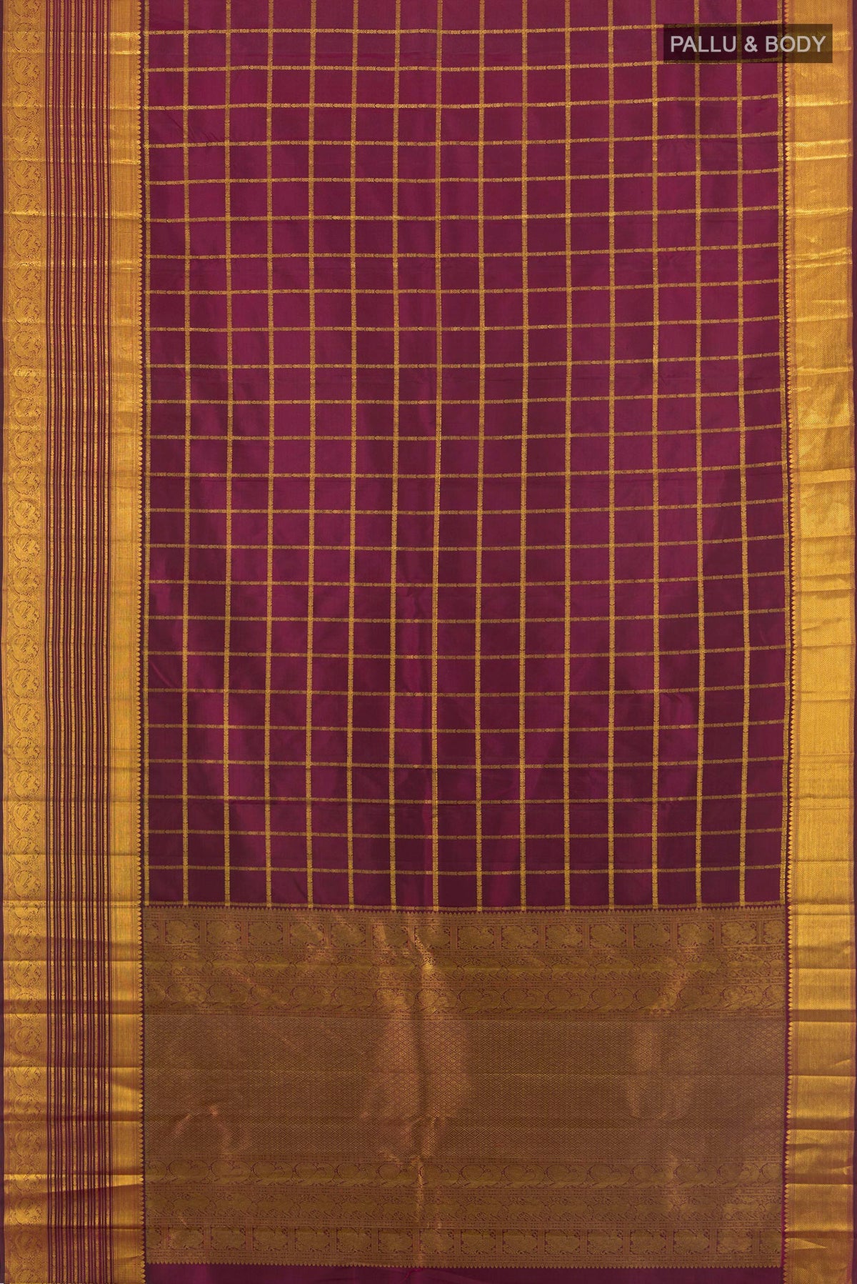 Flat view of Pure Silk Coffee Brown Kanchipuram Saree with Checked design on the body and Zari Border. 
