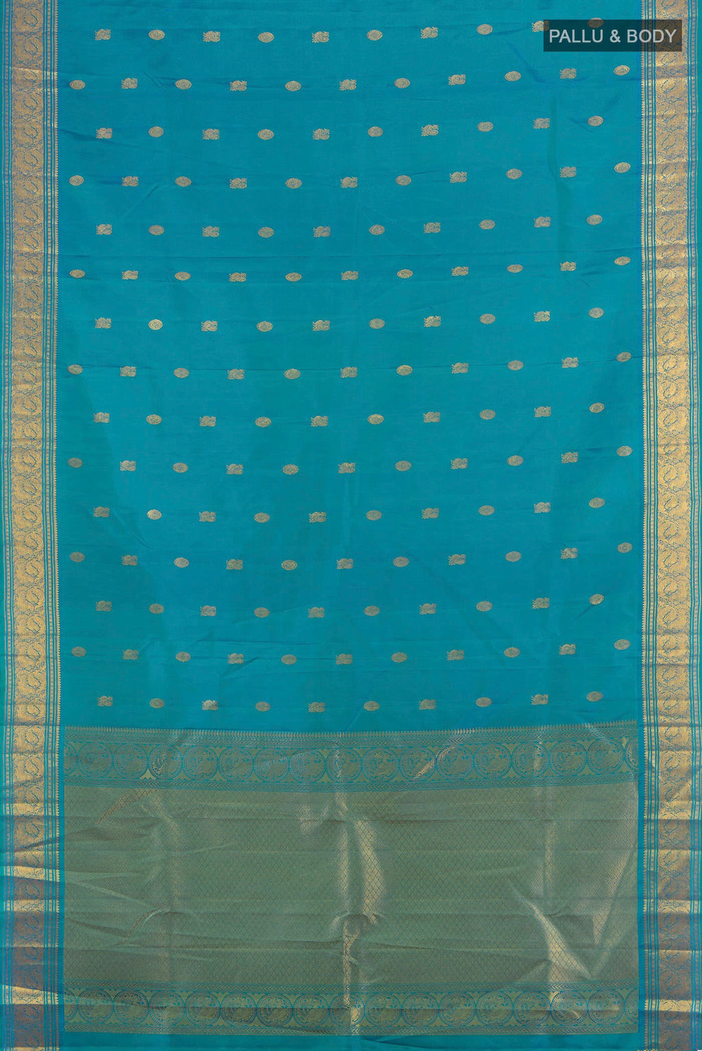 Flat view of Pure Silk Peacock Blue Kanchipuram Saree with Zari Butta on the body and Zari Border. 