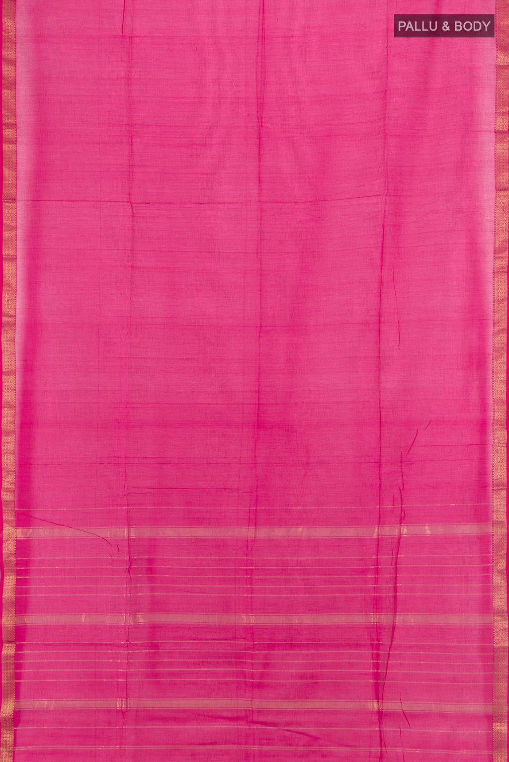 Flat view of Pink Maheshwari Cotton Saree with Plain Body and Zari Border. 