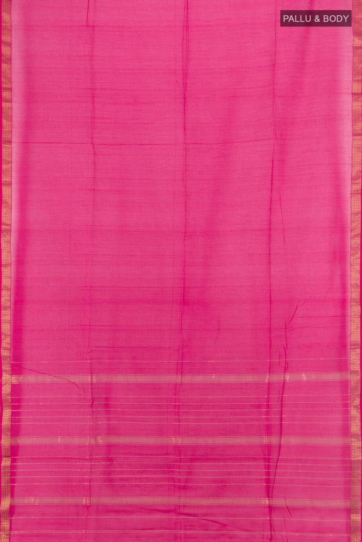 Flat view of Pink Maheshwari Cotton Saree with Plain Body and Zari Border. 