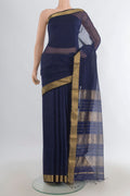 Navy Blue Maheshwari Cotton Saree with Stripes on the body and Zari Border.  displayed on a mannequin