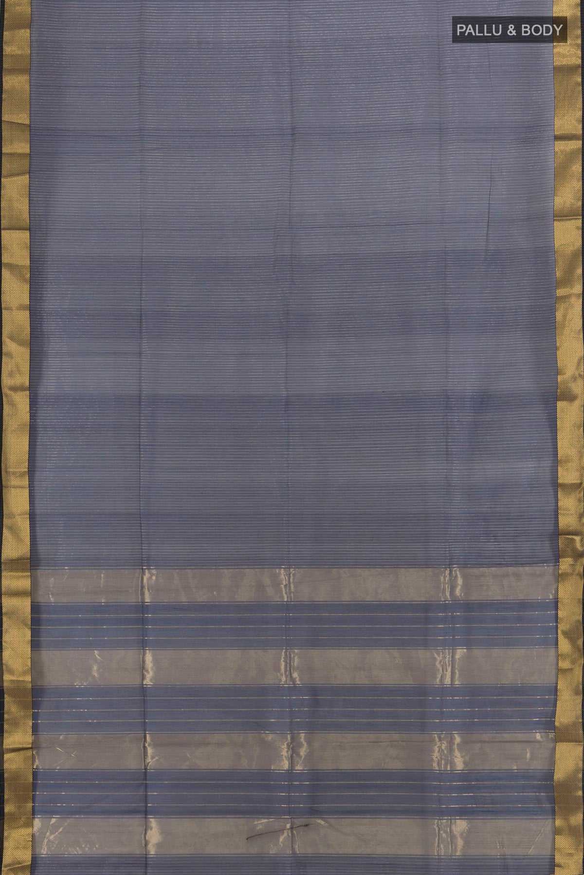 Flat view of Navy Blue Maheshwari Cotton Saree with Stripes on the body and Zari Border. 