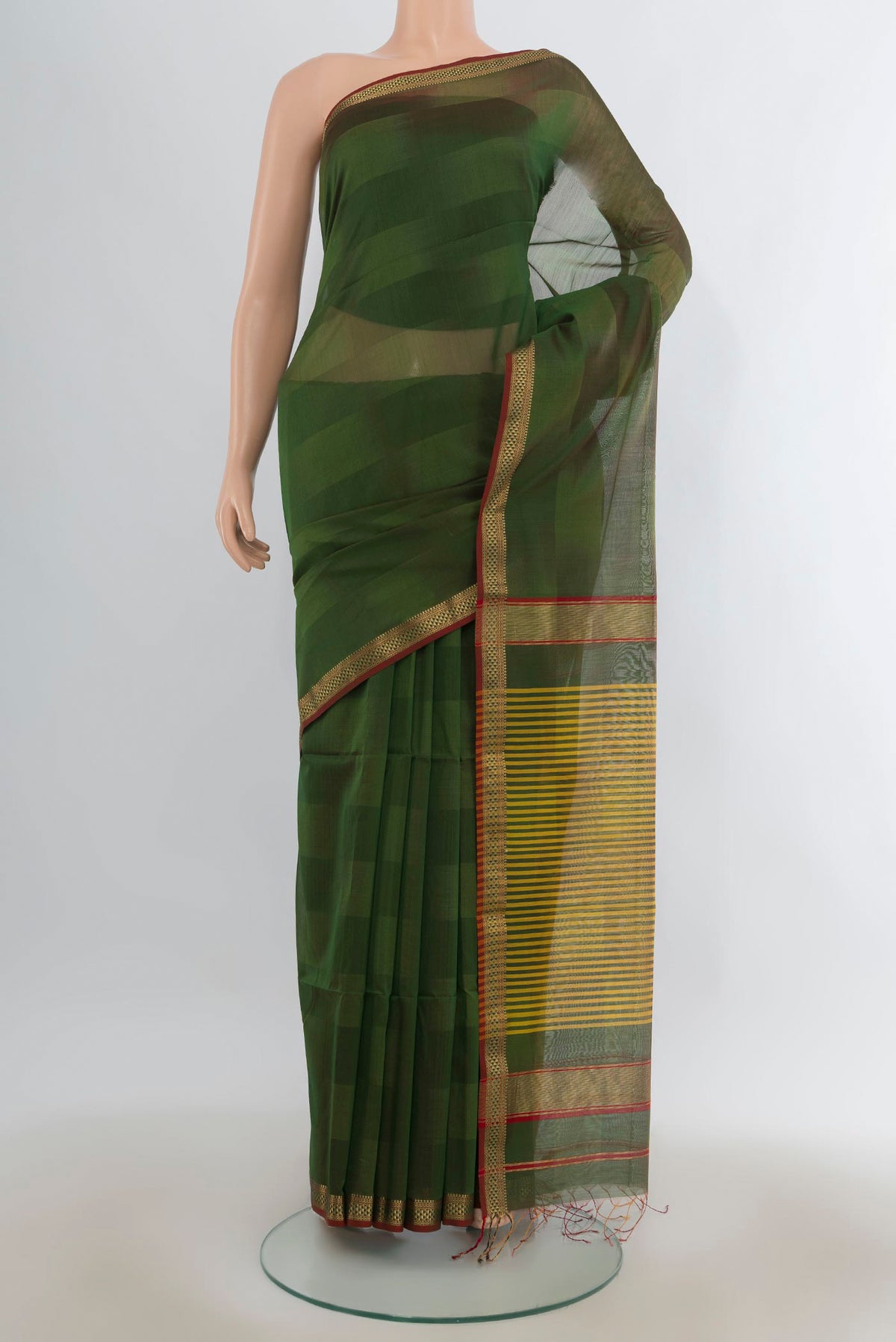 Mehandi Green Maheshwari Cotton Saree with Stripes on the body and Zari Border.  displayed on a mannequin