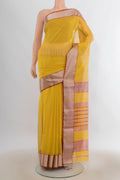 Lemon Yellow Maheshwari Cotton Saree with Zari Butta on the body and Zari Border.  displayed on a mannequin